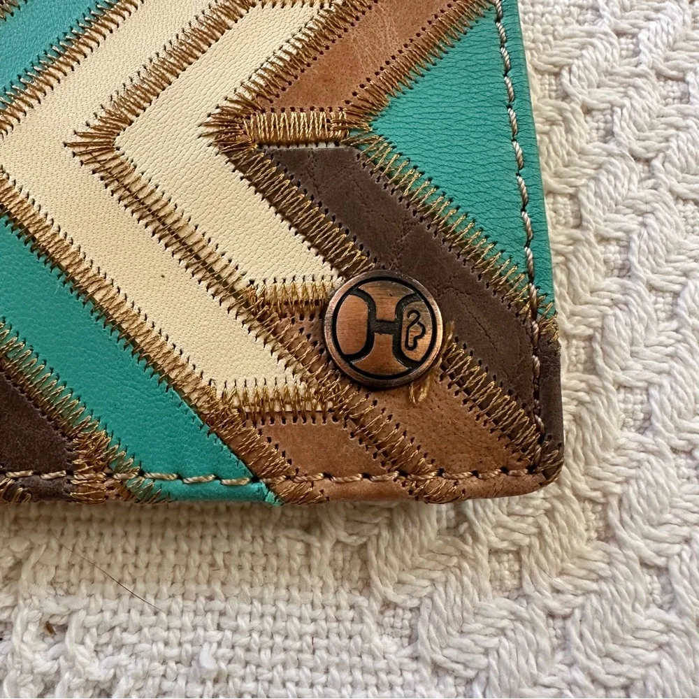 Hooey Montezuma Leather Patchwork Bifold Rodeo Wallet Western-Turquoise/Brown
